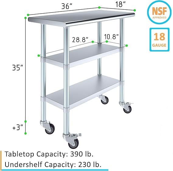 Stainless Steel Work Table with 2 Shelves and Casters
