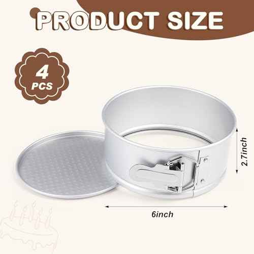 4 Pcs 6 Inch Non Stick Springform Pan with Removable Bottom Carbon Steel Round Springform Cheesecake Pan with Stainless Steel Spring Buckles for Baking Kitchens Restaurant (4 Count)