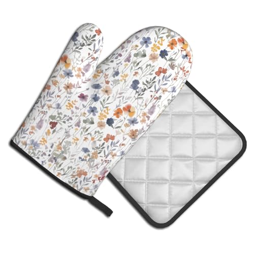 Watercolor Floral Oven Mitts and Pot Holder Kitchen Accessories Sets Botanical Leaf Heat Resistant Cooking Grilling Baking Gloves Hot Pads