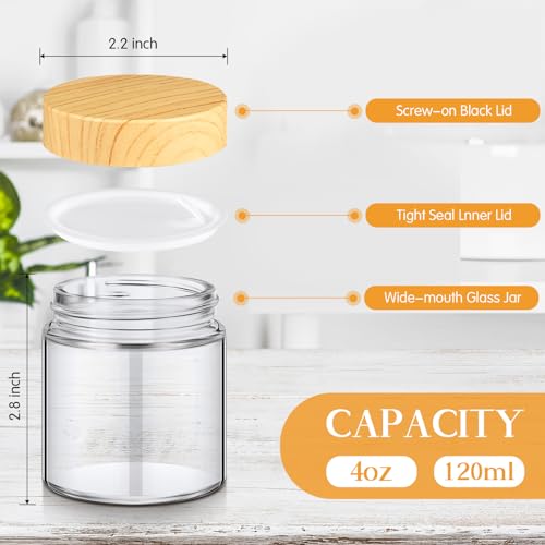 48 Pcs 4 oz Glass Jars with Lids Empty Small Glass Containers and Inner Liners Reusable Cosmetic Jars Round Airtight Bottles with Plastic Woodgrain Lids for Travel
