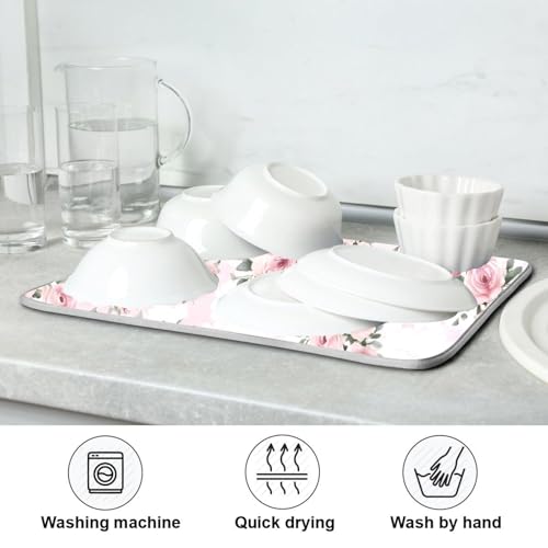 Floral Pink Roses Bouquets Dish Drying Mat for Kitchen Counter Absorbent Microfiber Drying Pad