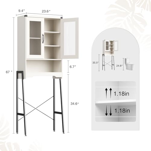 Over The Toilet Storage Cabinet with Tempered Glass Doors & Adjustable Shelf