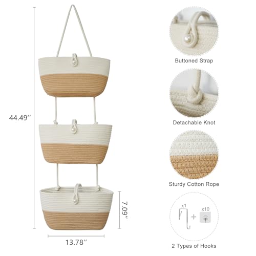 3 Tier Hanging Baskets for Storage with Pearl Button Strap (33.12 Ounce)