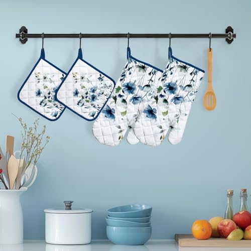 Blue Watercolor Flower Oven Mitts and Pot Holder Set (4 Count)