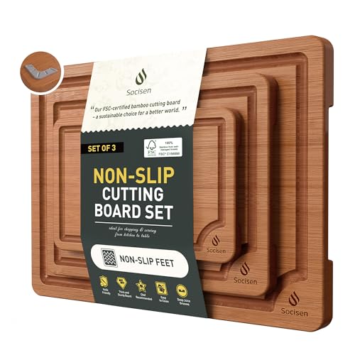 3 Packs Bamboo Cutting Board Set with Non Slip Feet and Over Sink Nice Solid Thick Wood Juice Groove Chopping Board Extra Large Big Small Best Hardwood Counter Organic Vegetable Kitchen Gadgets (3 Count)