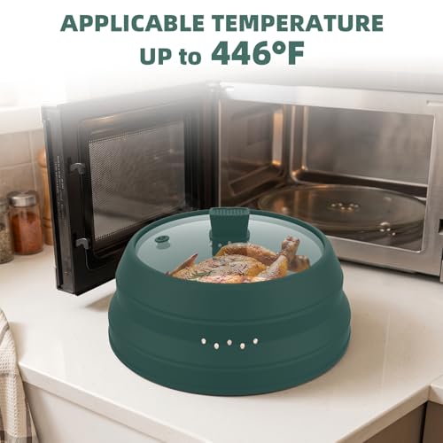 Tall Microwave Splatter Cover Glass Cover Guard Lid 6 inch Height with Collapsible Silicone for Food Pot Plate 12.5 inch Dark Green