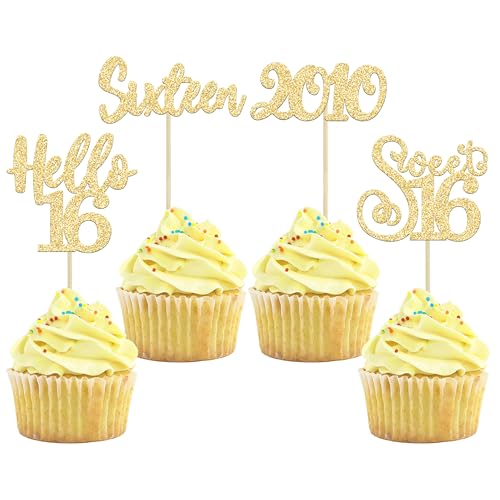 24Pcs 16th Birthday Cupcake Toppers Gold Glitter Hello 16 Sweet 16 Cupcake Picks 2010 16th Birthday Cake Decorations for Anniversary Party Supplies (24 Count)