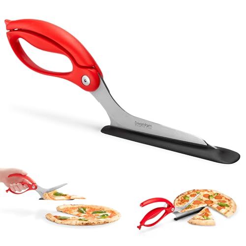 Scizza 2-In-1 Easy Ergonomic Pizza Scissors with Stainless Steel Pizza Cutter Blades & Non-Stick Slice Server - Red