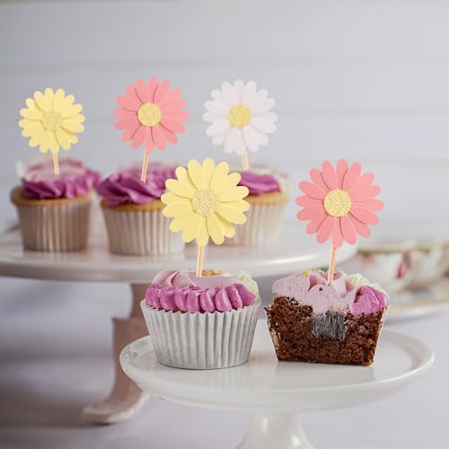 24Pcs Daisy Cupcake Toppers Glitter Flower Daisy Cake Decorations Chrysanthemum Cupcake Toppers Spring Daisy Flower Cake Picks for Birthday Wedding Supplies Multi 2 (24 Count)