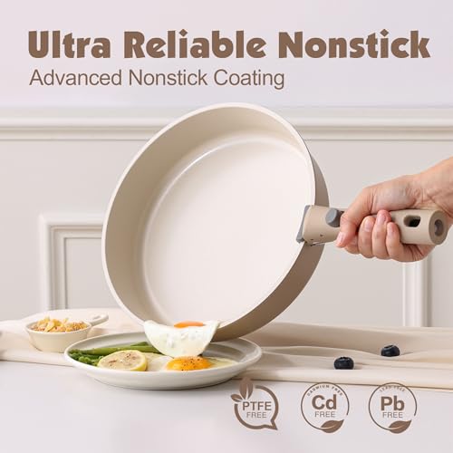 17 Piece Ceramic Detachable Handle Pots and Pans Set Almond Beige