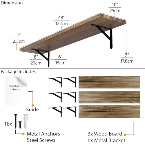 Forme 48 inch Long x 10 in Deep Rustic Floating Shelves for Wall Storage (3 Count)