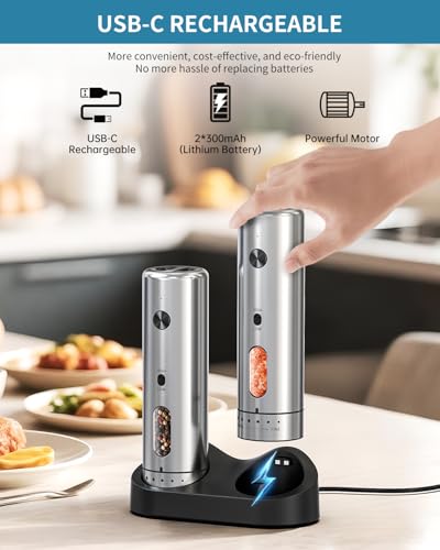 Electric Salt and Pepper Grinder Set with Rechargeable Base Upgraded Stainless Steel Automatic Salt and Pepper Shakers with 2 Grinding Speeds (2 Count)