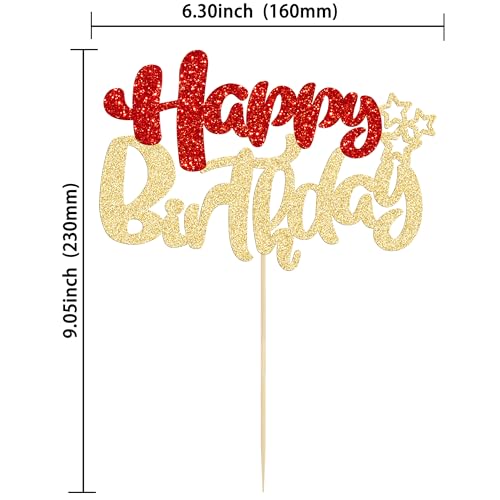 1Pcs Happy Birthday Cake Topper Glitter Happy Birthday Cake Pick for Christmas Theme Baby Shower Anniversary Party Decorations Supplies Red Gold