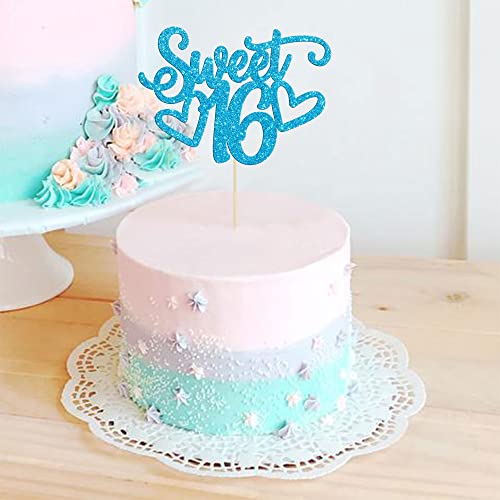 1Pc Sweet Teenager 16 Cake Topper Glitter 16th Birthday Cake Pick for Cheers to 16 Years Old 16th Birthday Party Cake Decorations Supplies Light Blue