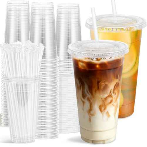100 Pack 24 oz Clear Plastic Cups with Lids and Straws Disposable (100 Count)