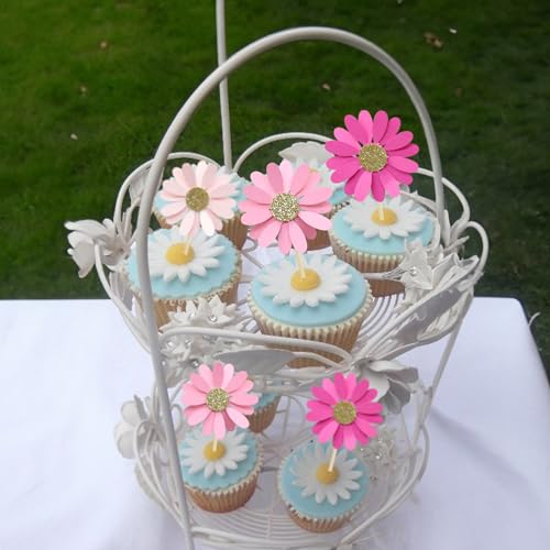 24Pcs Daisy Cupcake Toppers Flower Cake Topper Decorations Daisy Cake Decorations Chrysanthemum Cupcake Toppers Spring Daisy Flower Cake Picks for Birthday Wedding Supplies Rose Red Pink (24 Count)