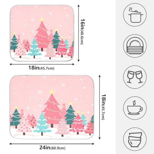 Christmas Tree Pink Dish Drying Mat for Kitchen Counter Absorbent Microfiber Small Drying Pad Winter White Snowflake Xmas Dish Mats for Kitchen Countertops 16 x 18 Inch