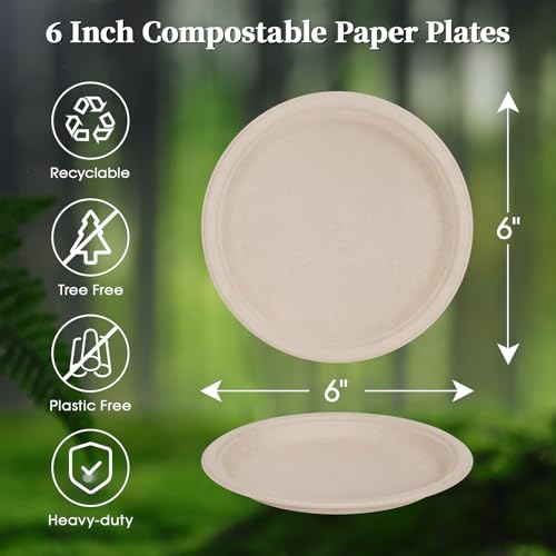 6 in 200 Pack Natural Disposable Compostable Dessert Paper Plates (200 Count)