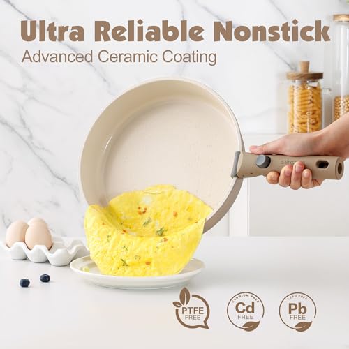 24 Piece Ceramic Detachable Handle Pots and Pans Set Almond Beige