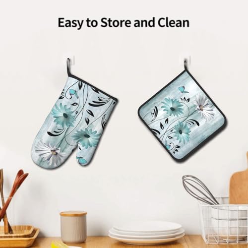 Daisy Floral Oven Mitts and Pot Holder Set of 2 Teal White Flower Heat Resistant Kitchen Mitts Potholders Washable for Cooking Grilling BBQ