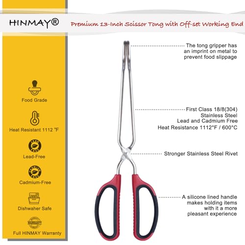 HINAMY 13" Stainless Steel Scissor Tongs with Comfort