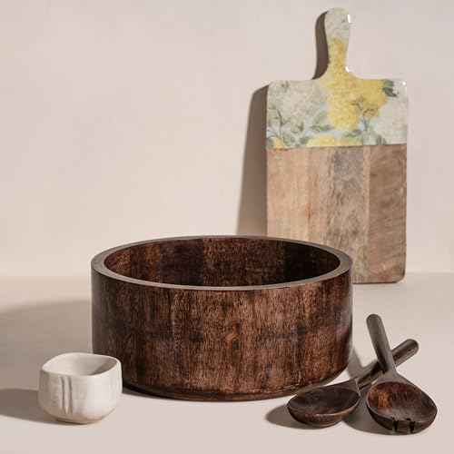 12" Dark Burnt Wooden Salad Bowl Set with Serving Utensils Eco