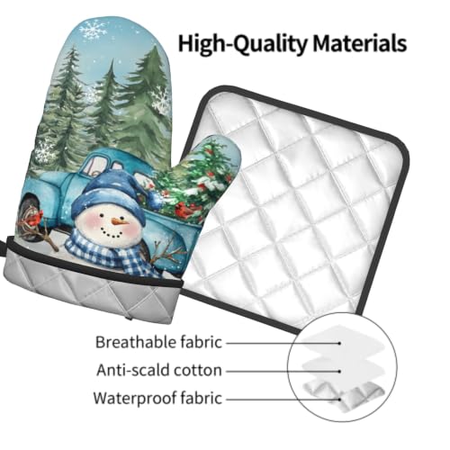 Winter Snowman Blue Oven Mitts and Pot Holder Set of 2 Xmas Truck Decorative Heat Resistant Kitchen Gloves Hot Pad for Baking Cooking Gift