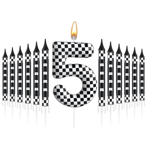 13 Pcs Racing Cars Themed Birthday Candles Black and White Race Number 5 Checkered Candle Cake Topper for Racing Car Party Decoration Supplies (13 Count)