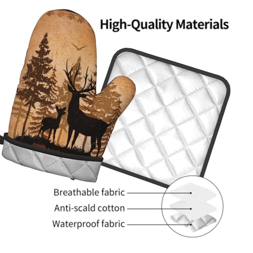 Forest Deer Oven Mitts and Pot Holder Kitchen Accessories Sets Wildlife Animal Heat Resistant Oven Gloves Hot Pads for Baking Cooking BBQ
