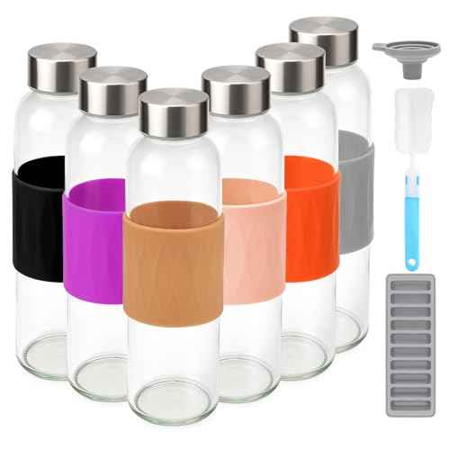 18 oz Glass Juice Bottles with Stainless Steel Lid Leak Proof 6 Pack (6 Count)
