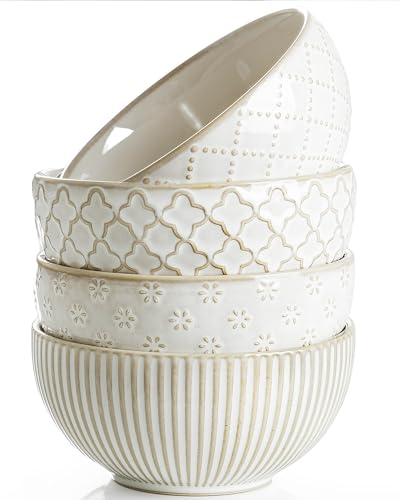 Ceramic Bowl Small Soup Bowls Set of 4 with Assorted Embossment (4 Count)