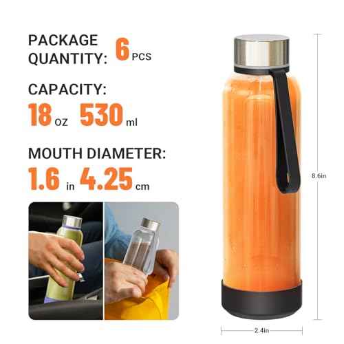 18 oz Glass Water Bottles with Lids (6 Count)