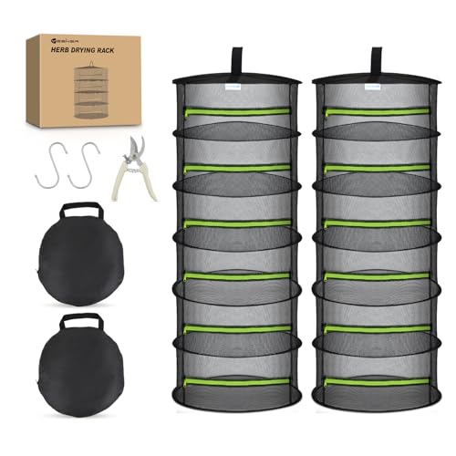 6 Layer Herb Drying Rack Hanging Mesh Net Foldable Plant Drying Racks 24" w Green Zipper Pruning Shears Dryer Hanging Rack for Herbs Seed Bud Fruit Clothes Grow Tent Closet Garden Outdoor 2 PCS