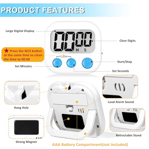 Digital Kitchen Timers for Cooking Kids Black White 6 Pack