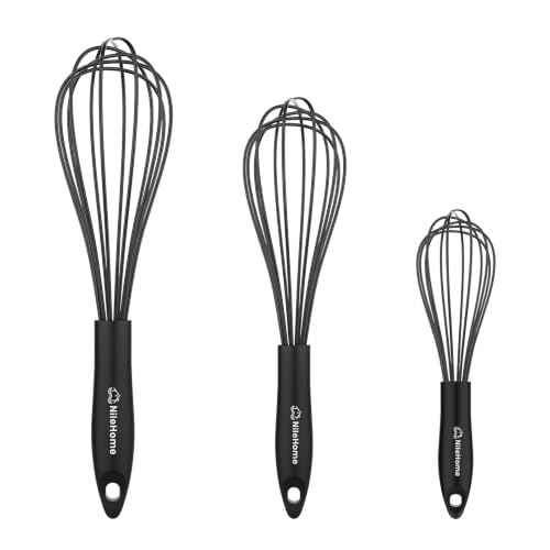 Silicone Whisk Set 8" 10" 12" Kitchen Whisk Black (3 Count)