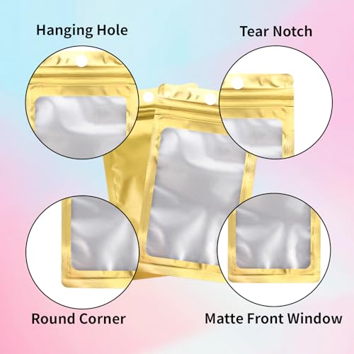 200 Pack Resealable Mylar Holographic Bags Food Storage Smell Proof Bags with Front Window Foil Packaging Pouch for Candy Sample Jewelry Small Business 3.54×6.29 Inch (200 Count)