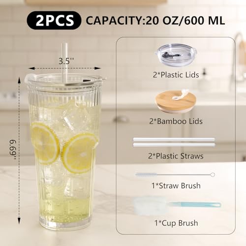 Ribbed 2pack 20oz Glass Cups with Bamboo & Plastic Lids and Straws (2 Count)