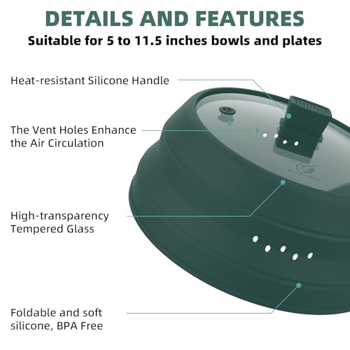 Tall Microwave Splatter Cover Glass Cover Guard Lid 6 inch Height with Collapsible Silicone for Food Pot Plate 12.5 inch Dark Green