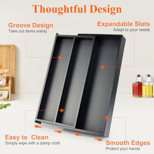 Expandable Black Bamboo Kitchen Utensils Drawer Organizer Silverware Tray