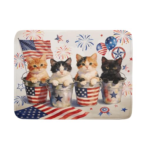 Vintage Patriotic Dish Drying Mat Cute Cats American Flag Drying Matt Kitchen Counter for Home Decor