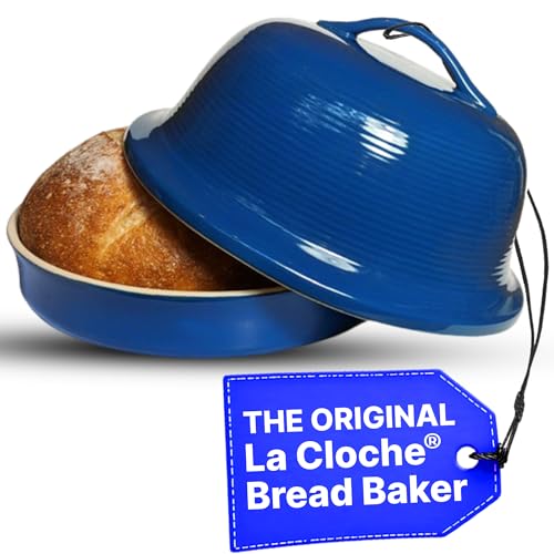 Superstone® Stoneware La Cloche® Bread Baker with Blue Glazed Exterior and Unglazed Interior Bakes an Artisan Bread with Crusty Crust and a Light Crumb
