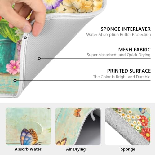 Spring Floral Butterfly Rustic Dish Drying Mat for Kitchen Counter Absorbent Microfiber Small Drying Pad Dish mats for Kitchen Countertops 16 x 18 Inch