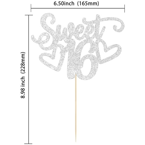 1Pc Sweet Teenager 16 Cake Topper Glitter 16th Birthday Cake Pick for Cheers to 16 Years Old 16th Birthday Party Cake Decorations Supplies Sliver