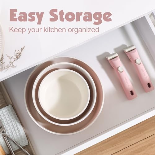 24 Piece Ceramic Detachable Handle Pots and Pans Set Pink