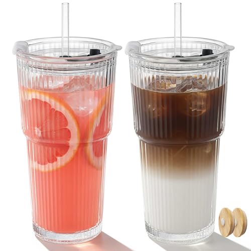 Ribbed 2pack 20oz Glass Cups with Bamboo & Plastic Lids and Straws (2 Count)