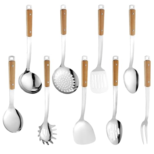 9pcs Cooking Utensils Set 304 Stainless Steel Kitchen Utensils with Wooden Hanlde Metal Kitchen Utensils Soup Ladle Set Dishwasher Safe Kitchen Essentials Set Kitchen Tool Set (9 Count)