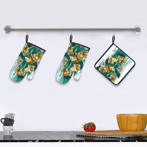 Teal Gold Green Leaves Oven Mitts and Pot Holders Set of 3 (3 Count)