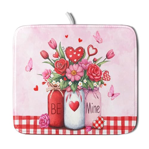 Rose Vase Dish Drying Mat 16x18 inch Romantic Floral Washable Absorbent Dish Dry Pad Fast Dry Drainer Rack Mats Kitchen Counter Accessories