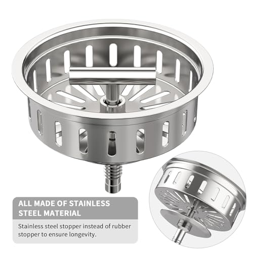 3-1/2 Inch Kitchen Sink Drain Strainer Assembly Made by All Stainless Steel with Strainer Basket/Drain Stopper, Replacement for Standard Commercial Drains