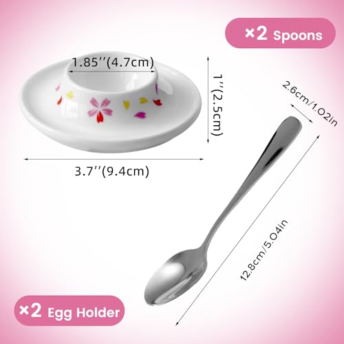 Ceramic Sakura Egg Holder Set of 2 Porcelain Holder With 2 Stainless Steels Egg Spoons Breakfast Boiled Cooking Easy to Clean Childhood Memories Kitchen